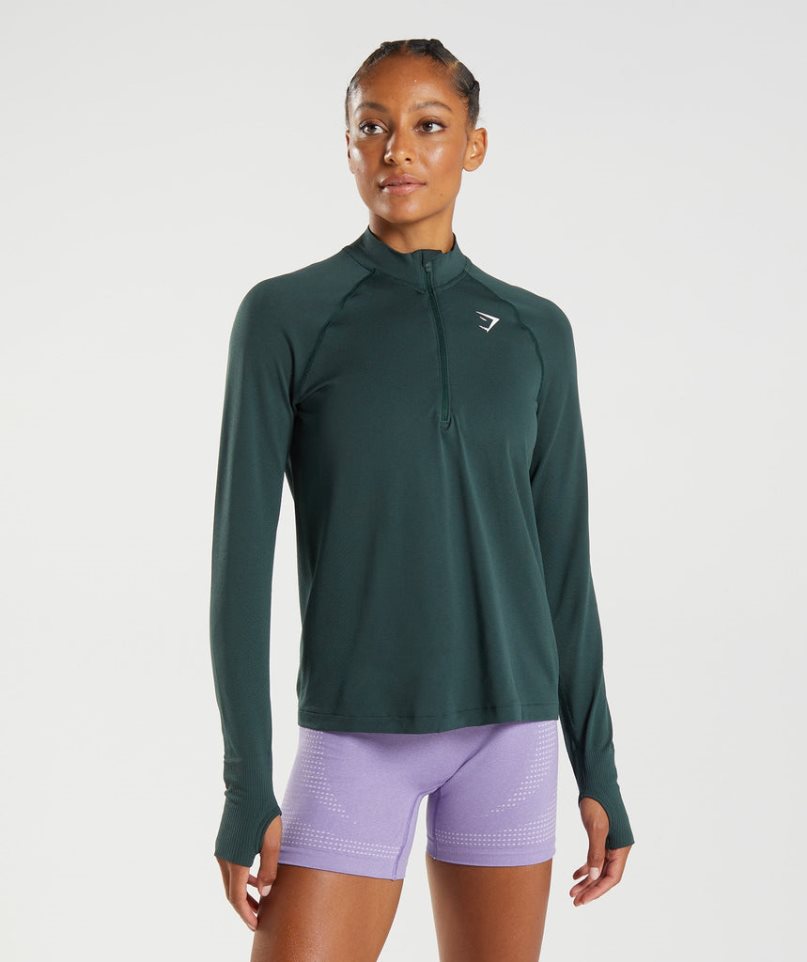 Women\'s Gymshark Vital Seamless 1/2 Zip Sweatshirts Dark Green | CA 6A150N